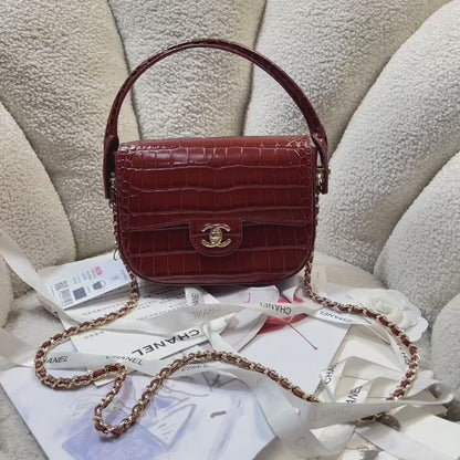Chanel Mini Flap Bag With Top Handle Crocodile Leather in Red AS6424 - Pre-Owned Authentic