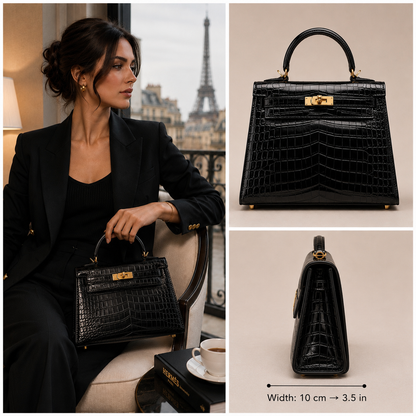 Pre-Owned Authentic Hermes Kelly 25 Black Real Crocodile