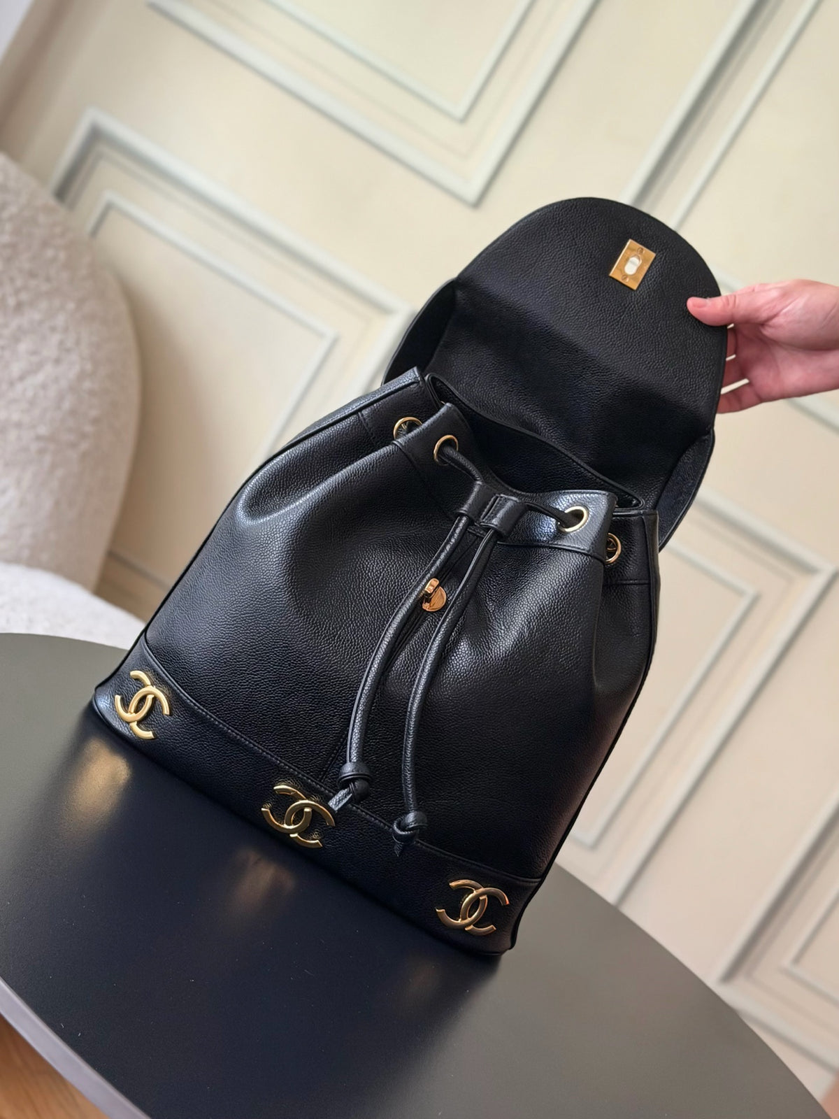 Chanel Vintage Double CC Backpack in Black inside view