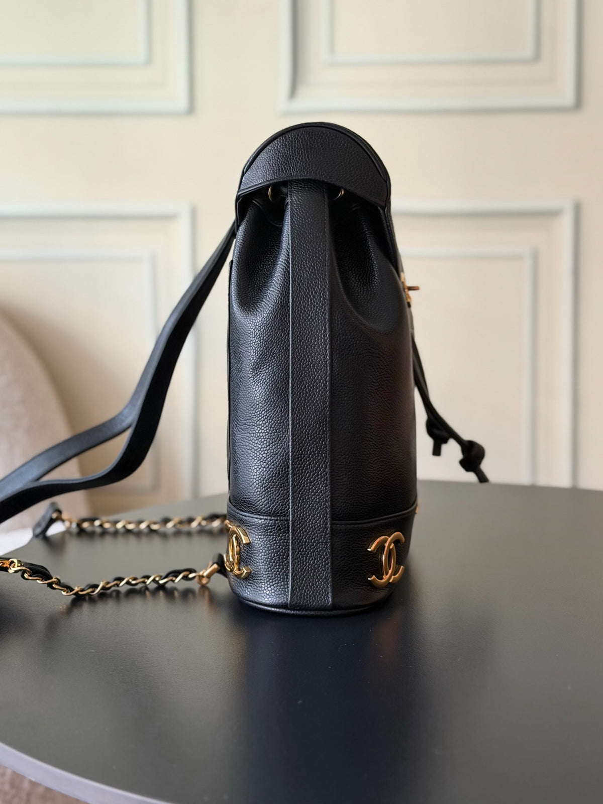 Chanel Vintage Double CC Backpack in Black side view