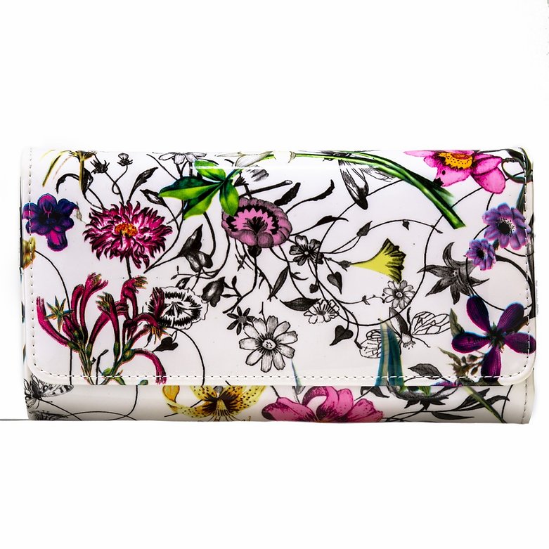 Cream  Leather Wallet Flower Print - Large WB47-01