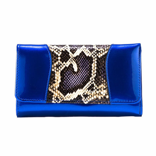 Blue Python-Print Enamel Calfskin Medium Wallet WB-502BLU front view