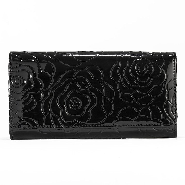 Black Leather Flower Print Wallet - Large WB1-01B