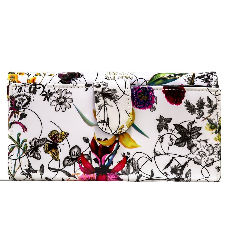 Cream  Leather Wallet Flower Print - Large WB47-01