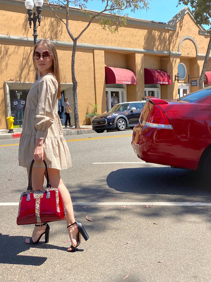 Diana Red Leopard Print Leather Handbag BH52-7573R