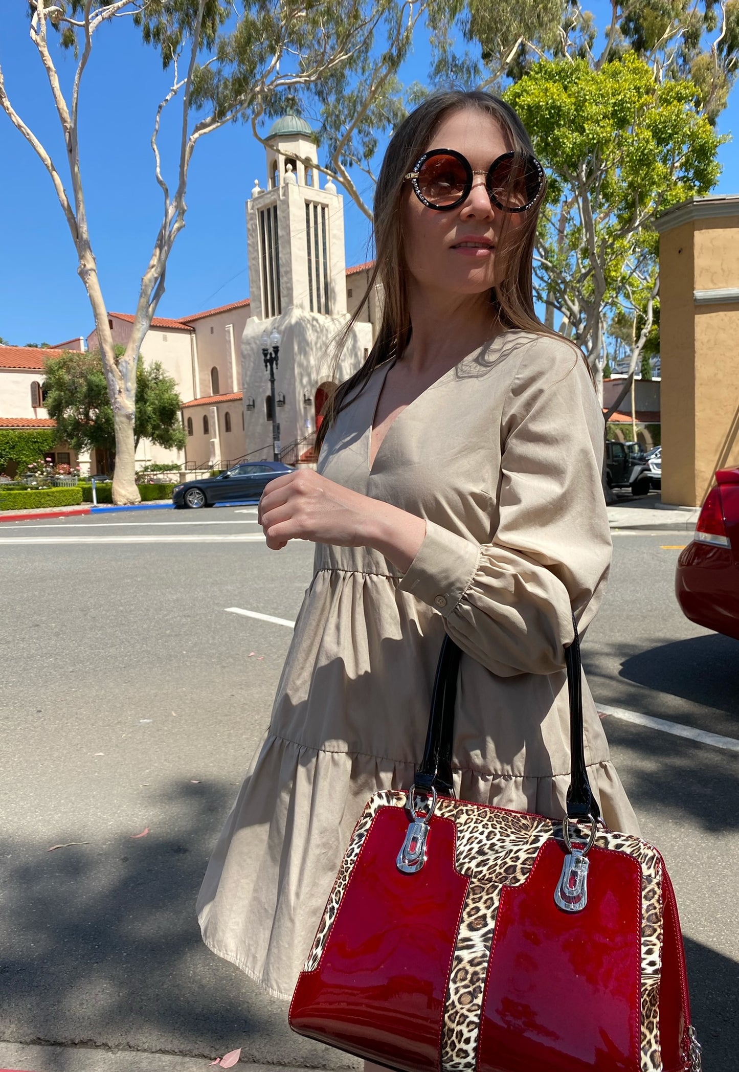 Diana Red Leopard Print Leather Handbag BH52-7573R