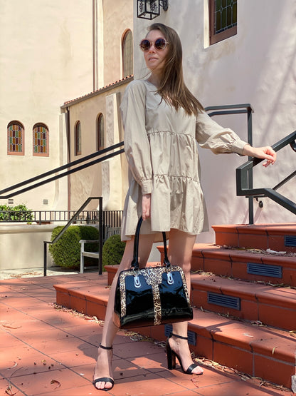 Diana Black Leopard Print Leather Handbag BH52-7573B