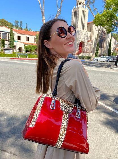 Diana Red Leopard Print Leather Handbag BH52-7573R