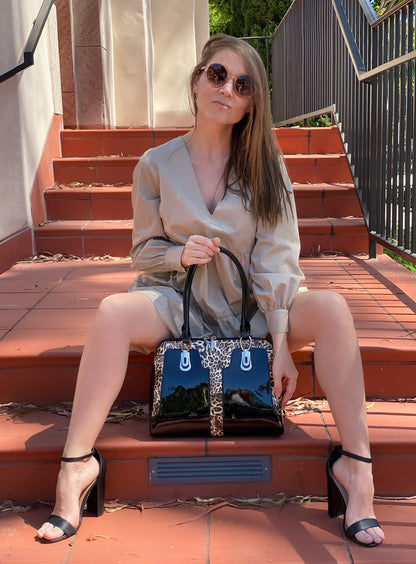 Diana Black Leopard Print Leather Handbag BH52-7573B